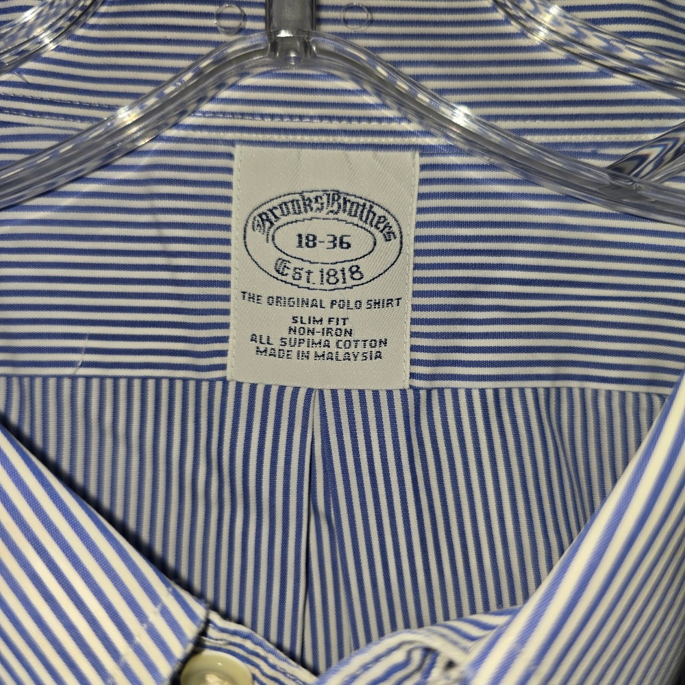 Brooks Brothers Dress Shirt 18-36 Mens Blue Striped Slim Fit Non-Iron Cotton - Picture 3 of 10